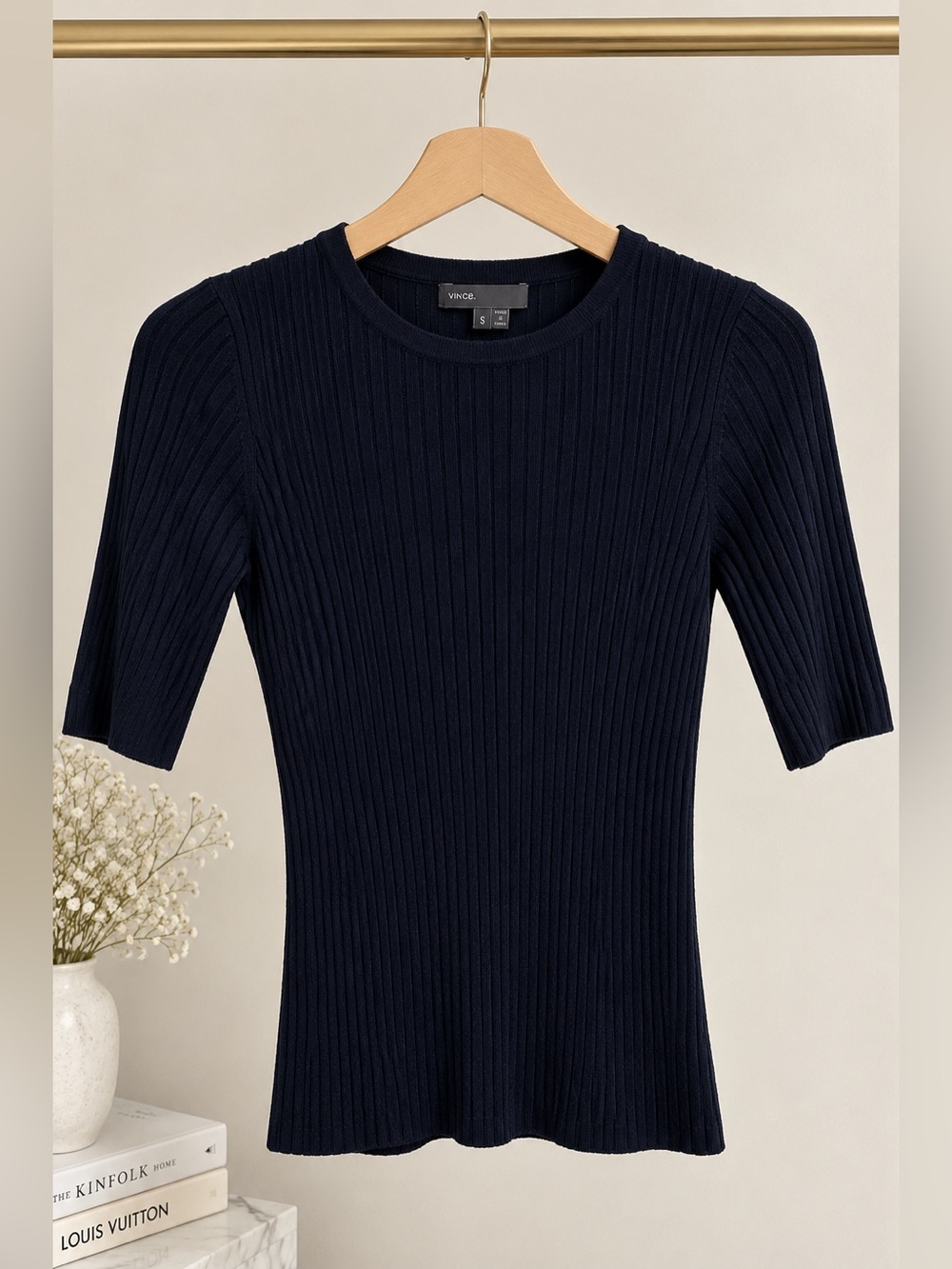 Vince Navy Ribbed Cashmere Blend Knit Top 3/4 Sleeve Size S - Picture 3 of 7